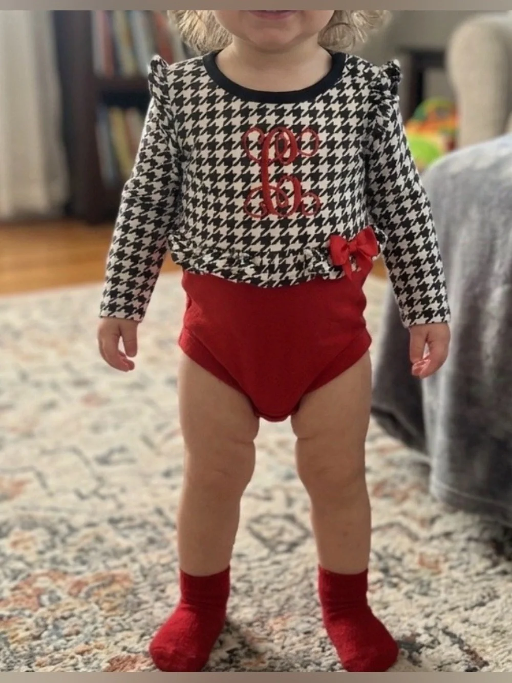 Monogram “C” Black & White Houndstooth Long-Sleeve Bodysuit with Red Accents